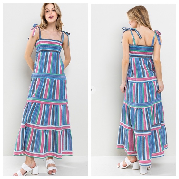 Boho Fabulous Linen Stripe Smoking Maxi Dress - Picture 2 of 4